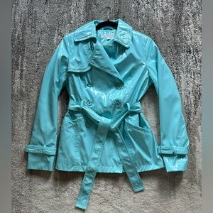 Via Spiga Vinyl Glossy Rain Trench Coat Womens Size S Aqua Turquoise Belted